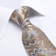 New Beige Brown Blue Floral Tie Pocket Square Cufflinks Set 
