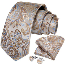 New Beige Brown Blue Floral Tie Pocket Square Cufflinks Set