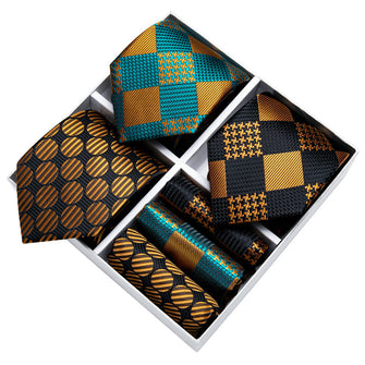 Fashion business men's tie gift box set 3 pieces—â€?pcs teal green gold plaid silk mens dress tie pocket square cufflinks set,1pcs black gold plaid silk mens suit tie set for dress suit jacket,1pcs black gold polka dot silk business tie set for men