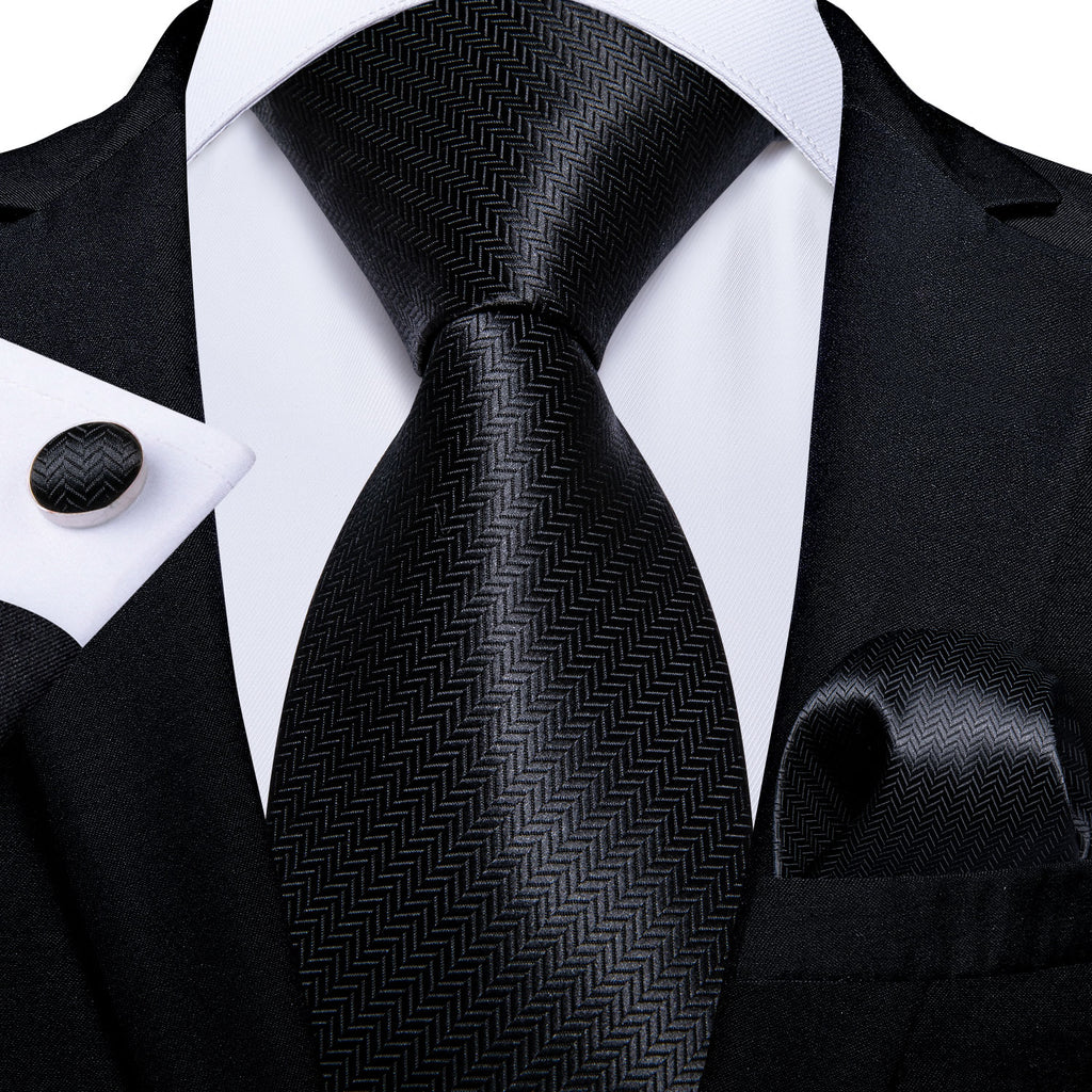 New Novelty Black Solid Men's Tie Handkerchief Cufflinks Clip Set ...