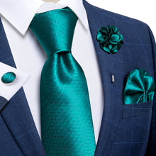 Teal Solid Silk Men's Necktie Handkerchief Cufflinks Set With Lapel Pin Brooch Set