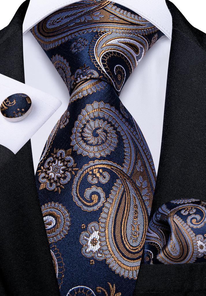 Dibangu Suit Tie Brown Blue Paisley Men's Work Dresses Silk Tie Set ...