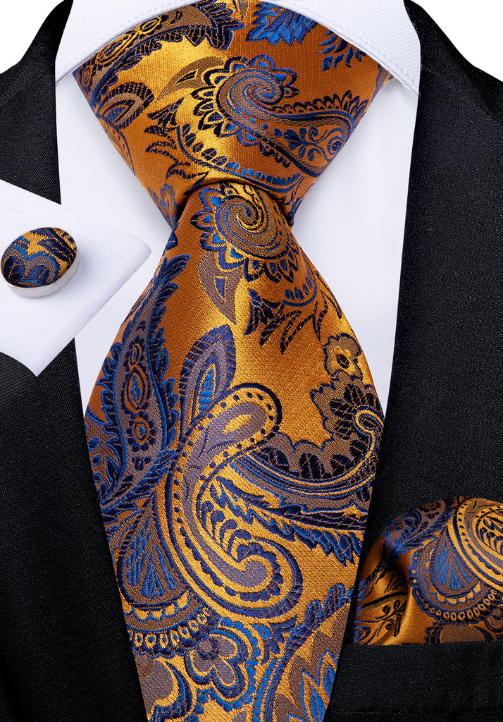 Gold Blue Paisley Men's Silk Tie Handkerchief Cufflinks Set– DiBanGuStore