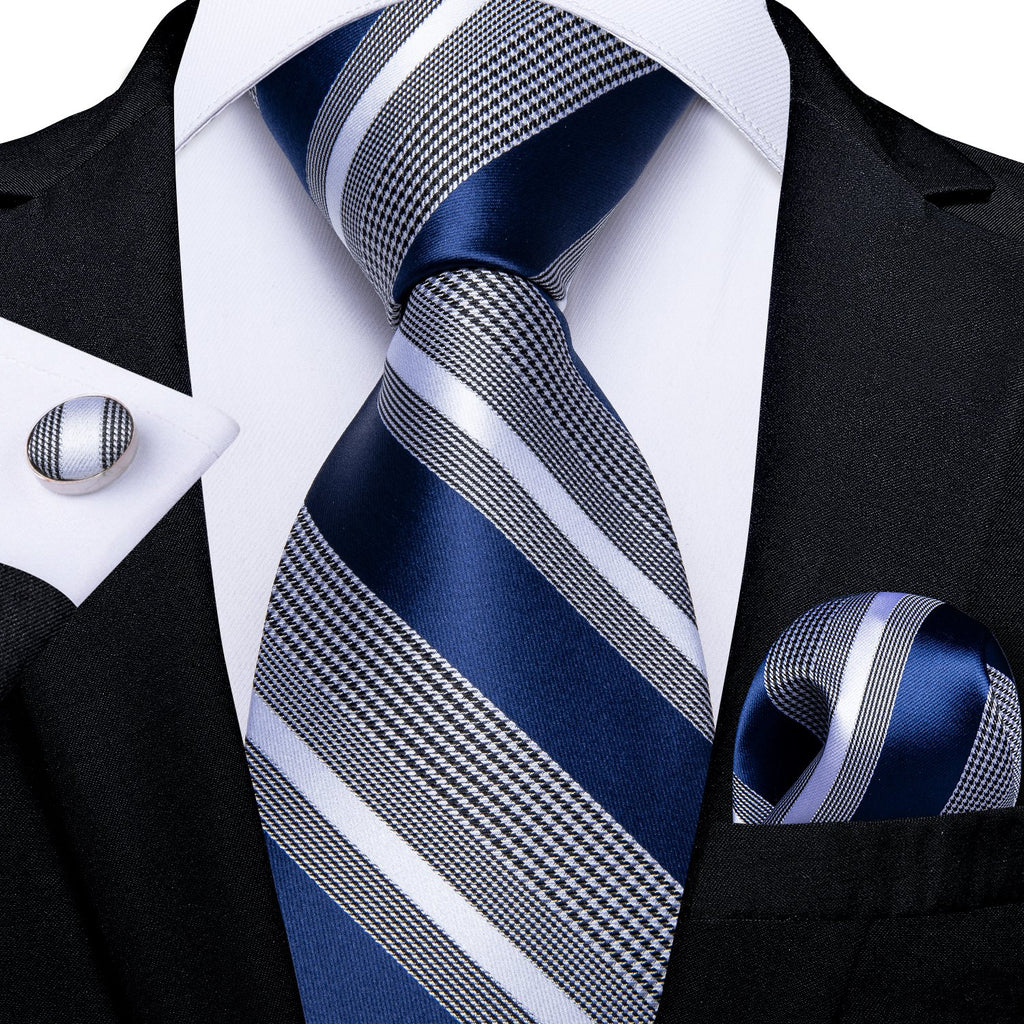 Blue Grey Striped Men's Tie Handkerchief Cufflinks Clip Set– DiBanGuStore
