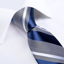 Blue Grey Striped Men's Tie Handkerchief Cufflinks  With Lapel Pin Brooch Set