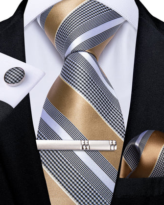 Brown Grey Striped Men's Tie Handkerchief Cufflinks Clip Set