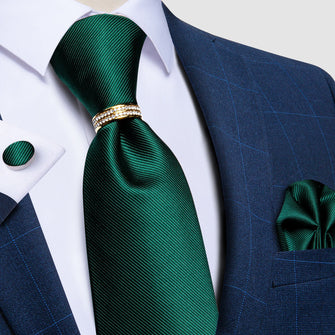 mens business tie design deep Emerald Green striped silk mens necktie handkerchief cufflinks set with mens tie ring for the office shirt and tuxedo suit 