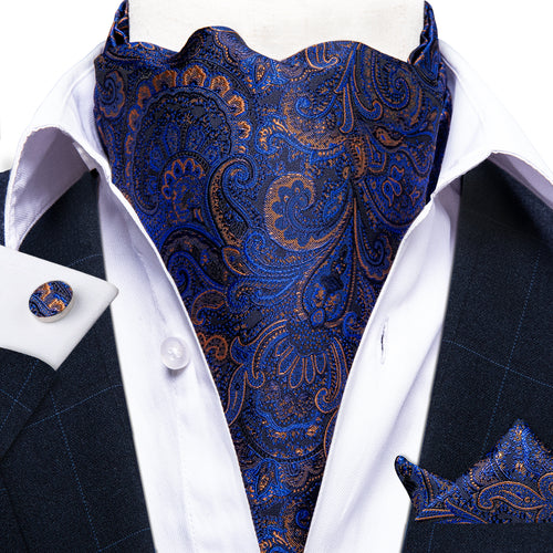 Blue Paisley Silk Cravat Woven Ascot Tie Pocket Square Handkerchief Su ...