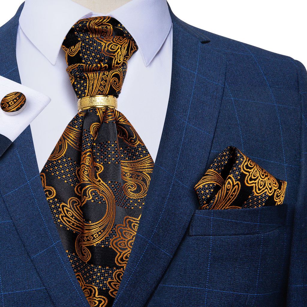 Black Golden Floral Silk Cravat Woven Ascot Tie Pocket Square Cufflink ...