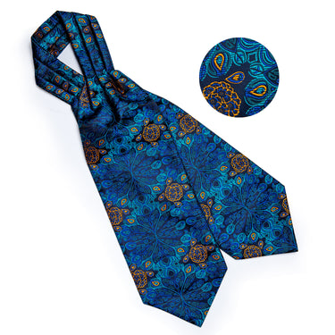 New Blue Floral Silk Cravat Woven Ascot Tie Pocket Square Handkerchief ...