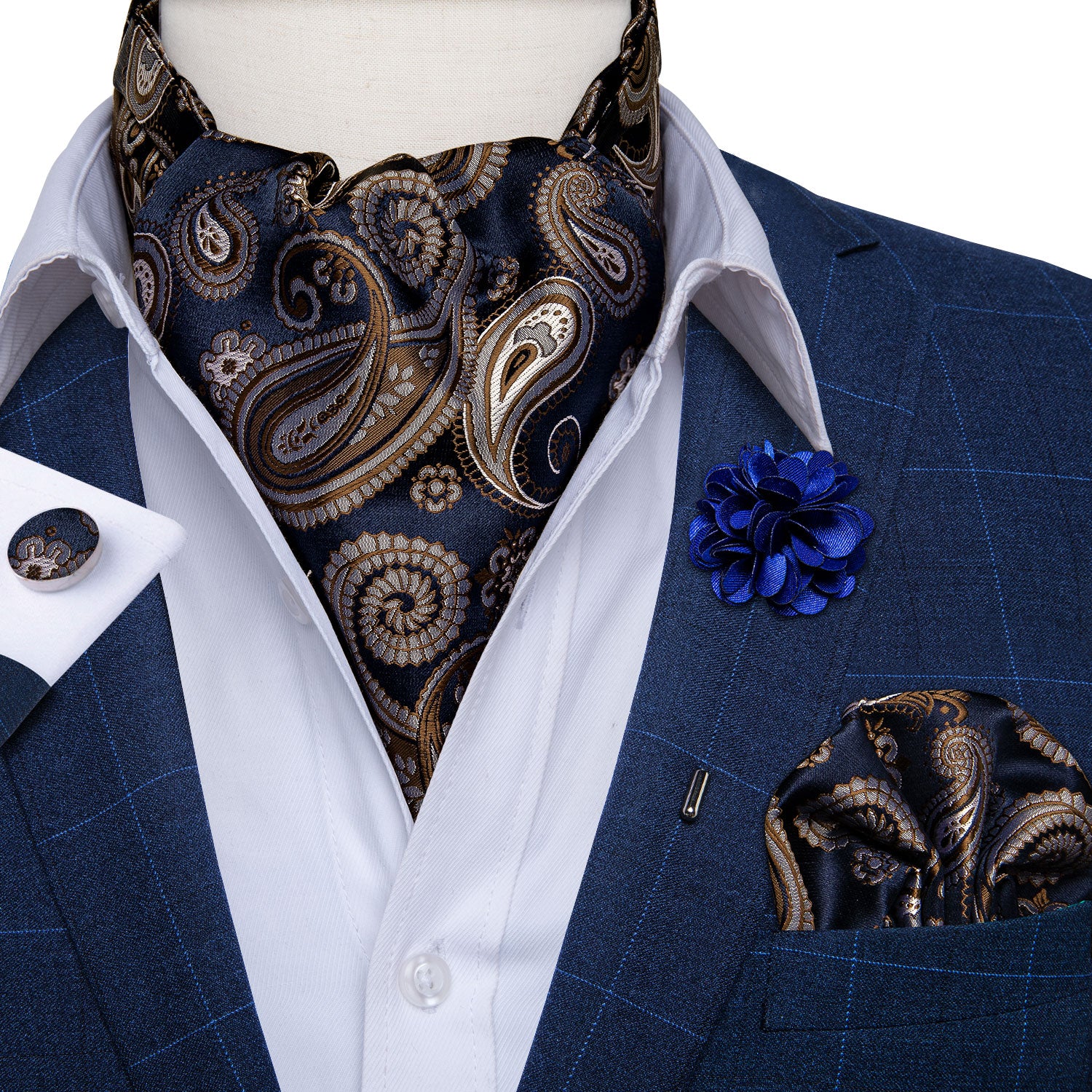 Brown cravat paisley | Ascot tie and pocket square | Wedding plastron PH96