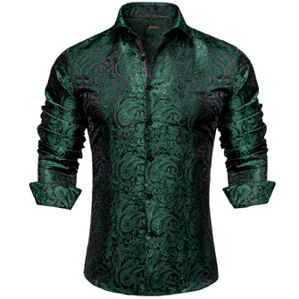 classic button up shirt paisley silk dark green shirt for men