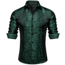 fashion paisley dark green silk men's green dress shirt top