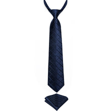 Dark Blue Lattice Silk Kid's Tie Pocket Square Set