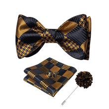 Black Brown Pliad Bowtie Necktie  Hanky Cufflinks Brooch Clip Set