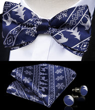 Christmas Snowflake Elk Blue Solid Silk Bowtie Pocket Square Cufflinks Set