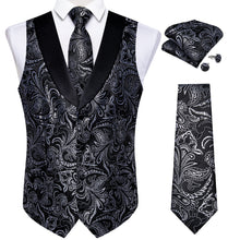 men's business dress design black silver shawl collar button up mens floral vest tie pocket square cufflinks set with tie clip and flower pin