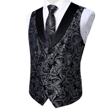men's business dress design black silver shawl collar button up mens floral vest tie pocket square cufflinks set with tie clip and flower pin