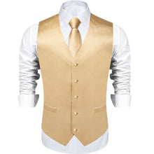 Khaki Solid Satin Waistcoat Vest Tie Handkerchief Cufflinks Set