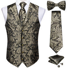 Green Floral Jacquard V Neck Vest Neck Bow Tie Handkerchief Cufflinks Set