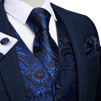 office business dress vest silk mens black navy blue floral suit vest necktie pocket square cufflinks set