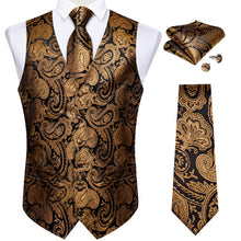 silk paisley black gold paisley work business dress vest tie pocket square cufflinks set with tie clip and brooch flower pin