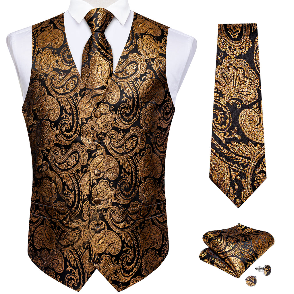 Champagne Golden Paisley Jacquard V Neck Waistcoat Vest Tie Handkerchi ...