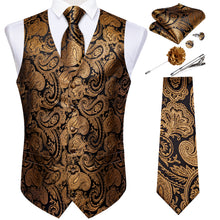 business dress vest silk paisley black gold champagne gold vest tie pocket square cufflinks set with tie clip and brooch pin