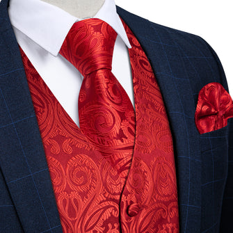 classic red paisley silk dress suit mens vests necktie pocket square cufflinks set