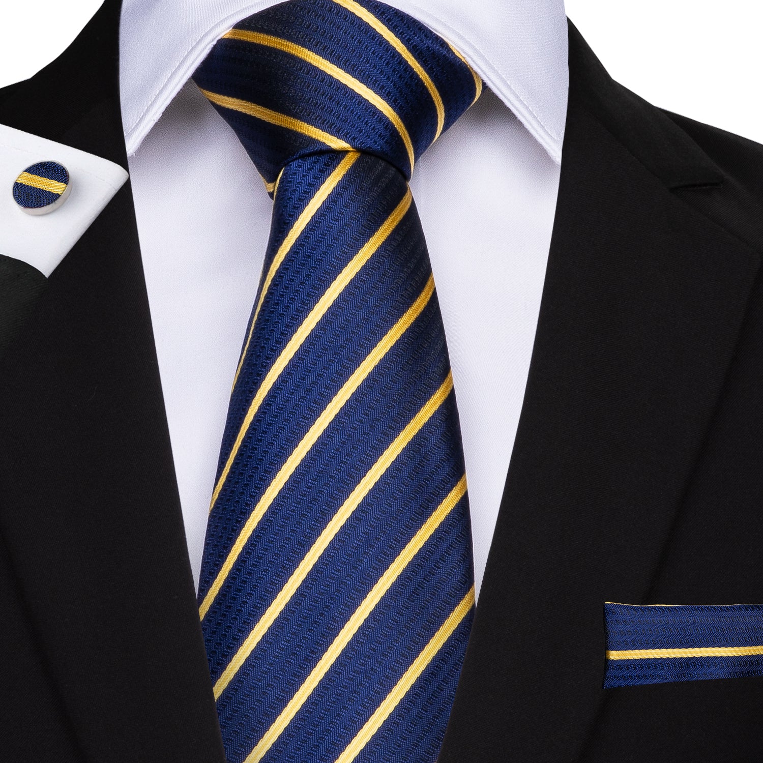 Blue Golden Striped Tie Handkerchief Cufflinks Set– DiBanGuStore