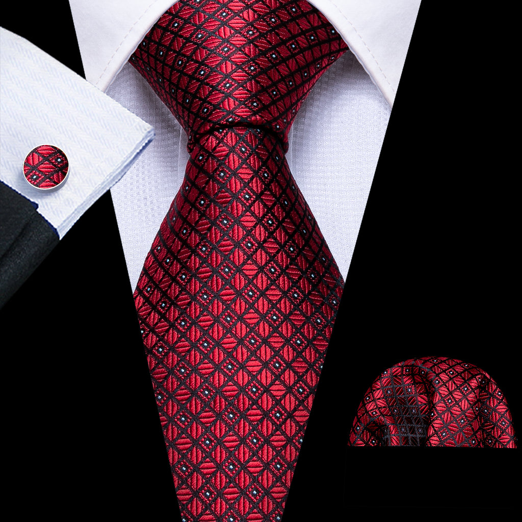 Red Plaid Tie Handkerchief Cufflinks Set– DiBanGuStore