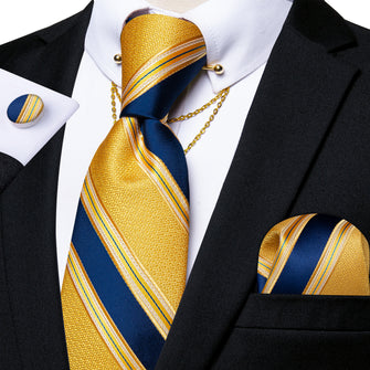 Yellow Blue Striped Men's Tie Handkerchief Cufflinks Set with Collar Pin