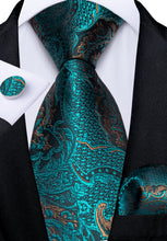 Teal Blue Paisley Men's Tie Pocket Square Cufflinks Clip Set