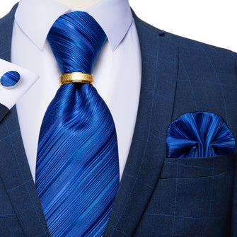 4PCS Blue Stripe Men's Silk Tie Handkerchief Cufflinks With Tie Ring Set