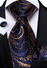 Classy Blue Gold Floral Men's Tie Pocket Square Cufflinks Set