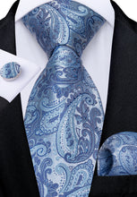 Luxury White Blue Men's Tie Pocket Square Cufflinks Set