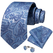 Luxury White Blue Men's Tie Pocket Square Cufflinks Set