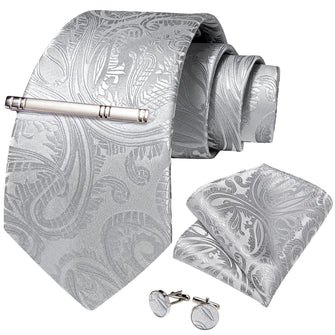 Grey Silver Floral Men's Tie Handkerchief Cufflinks Clip Set