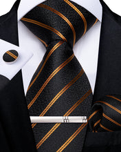 Black Pattern With Golden Stripes Men's Tie Pocket Square Cufflinks Clip Set