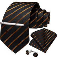 Black Pattern With Golden Stripes Men's Tie Pocket Square Cufflinks Clip Set