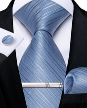 Classy Blue Stripe Men's Tie Pocket Square Cufflinks Clip Set