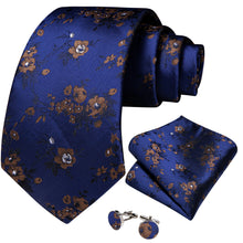 Blue Floral Printing Men's Tie Pocket Square Cufflinks Set