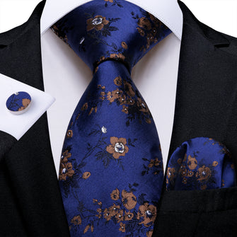 Blue Floral Printing Men's Tie Pocket Square Cufflinks Set