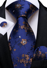 Blue Floral Printing Men's Tie Pocket Square Cufflinks Set