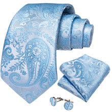 Light Blue Floral Men's Tie Pocket Square Cufflinks Set