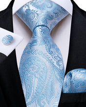 Light Blue Floral Men's Tie Pocket Square Cufflinks Set