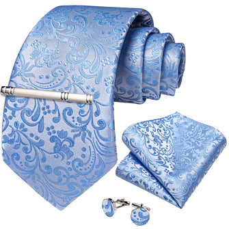 Blue Floral Men's Tie Handkerchief Cufflinks Clip Set