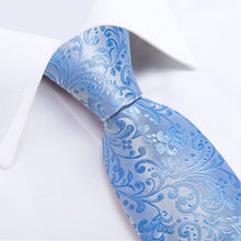 Blue Floral Men's Tie Handkerchief Cufflinks Clip Set