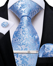 Blue Floral Men's Tie Handkerchief Cufflinks Clip Set