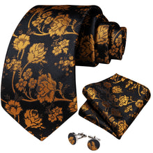 Black Golden Floral Men's Tie Pocket Square Cufflinks Set